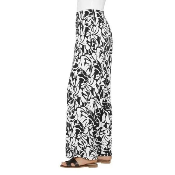 NWO Three Dots Loose-Fit Black & White Leaf Print Flare Leg Pants XL Polyester - Picture 3 of 11